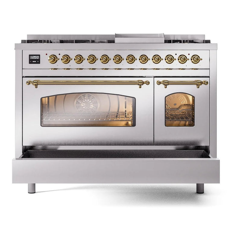 ILVE Nostalgie II 48" Dual Fuel Freestanding Range in Stainless Steel with Brass Trim, UP48FNMPSSG
