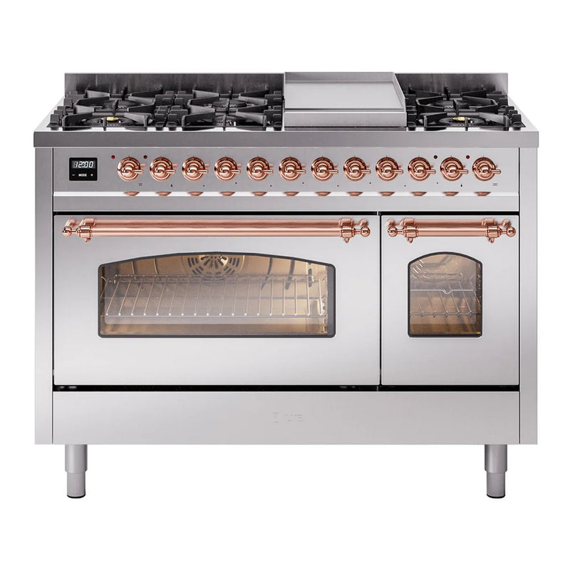 ILVE Nostalgie II 48" Dual Fuel Freestanding Range in Stainless Steel with Copper Trim, UP48FNMPSSPLP