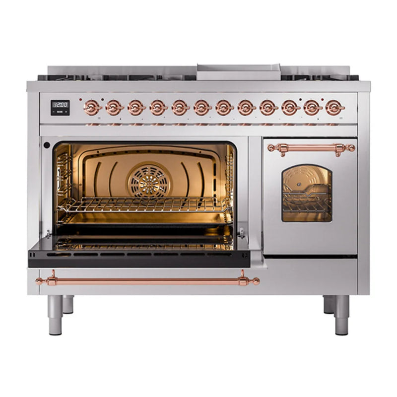 ILVE Nostalgie II 48" Dual Fuel Freestanding Range in Stainless Steel with Copper Trim, UP48FNMPSSPLP