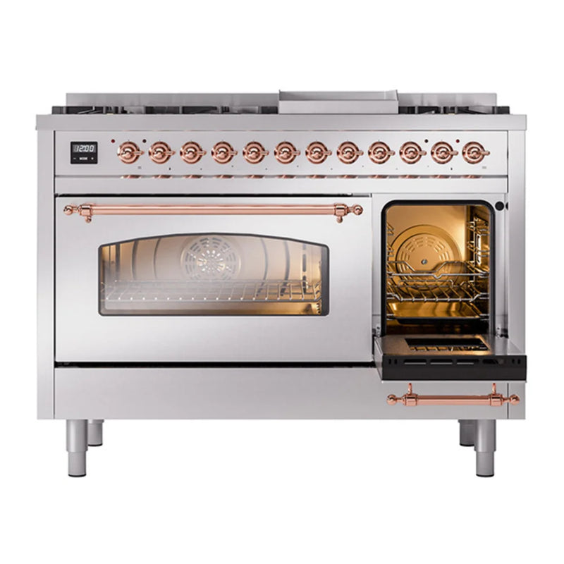 ILVE Nostalgie II 48" Dual Fuel Freestanding Range in Stainless Steel with Copper Trim, UP48FNMPSSPLP