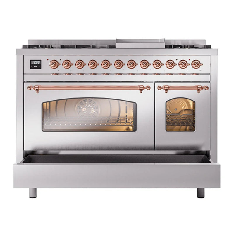 ILVE Nostalgie II 48" Dual Fuel Freestanding Range in Stainless Steel with Copper Trim, UP48FNMPSSPLP