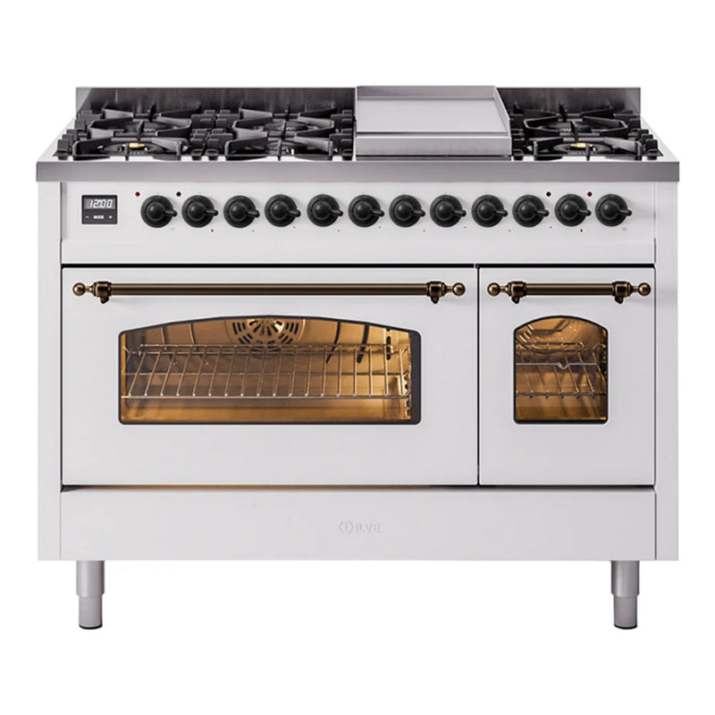 ILVE Nostalgie II 48" Dual Fuel Freestanding Range in White with Burnished Trim, UP48FNMPWHBLP
