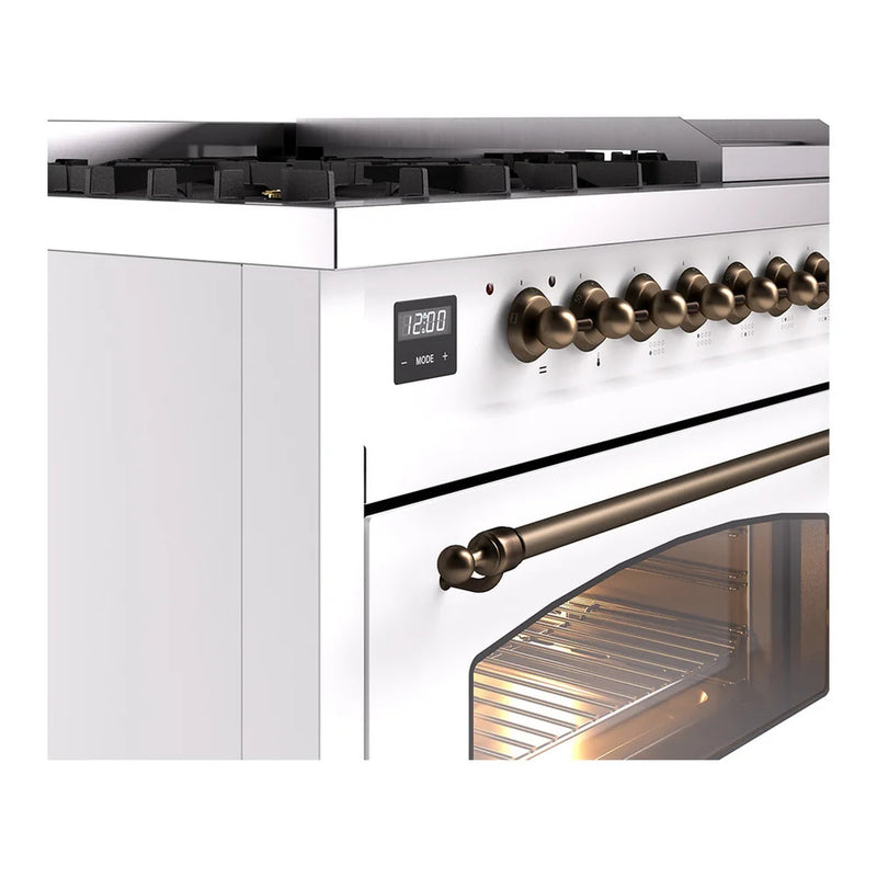 ILVE Nostalgie II 48" Dual Fuel Freestanding Range in White with Burnished Trim, UP48FNMPWHBLP