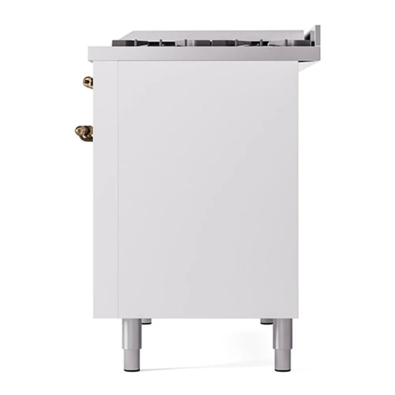 ILVE Nostalgie II 48" Dual Fuel Freestanding Range in White with Burnished Trim, UP48FNMPWHBLP