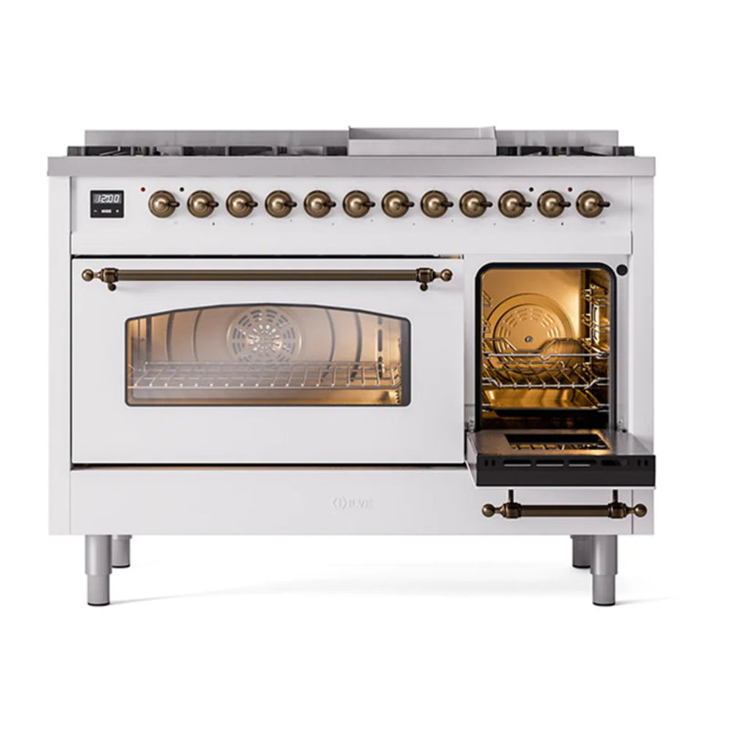 ILVE Nostalgie II 48" Dual Fuel Freestanding Range in White with Burnished Trim, UP48FNMPWHB