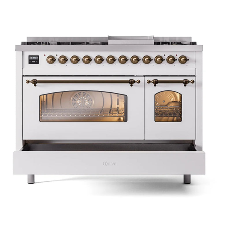 ILVE Nostalgie II 48" Dual Fuel Freestanding Range in White with Burnished Trim, UP48FNMPWHB