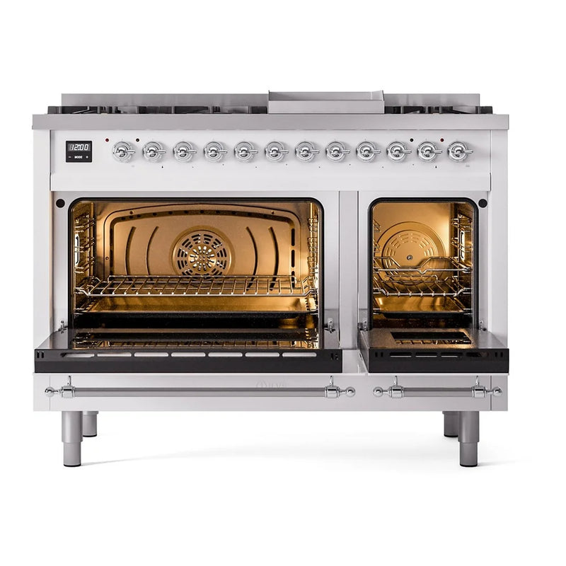 ILVE Nostalgie II 48" Dual Fuel Freestanding Range in White with Chrome Trim, UP48FNMPWHCLP