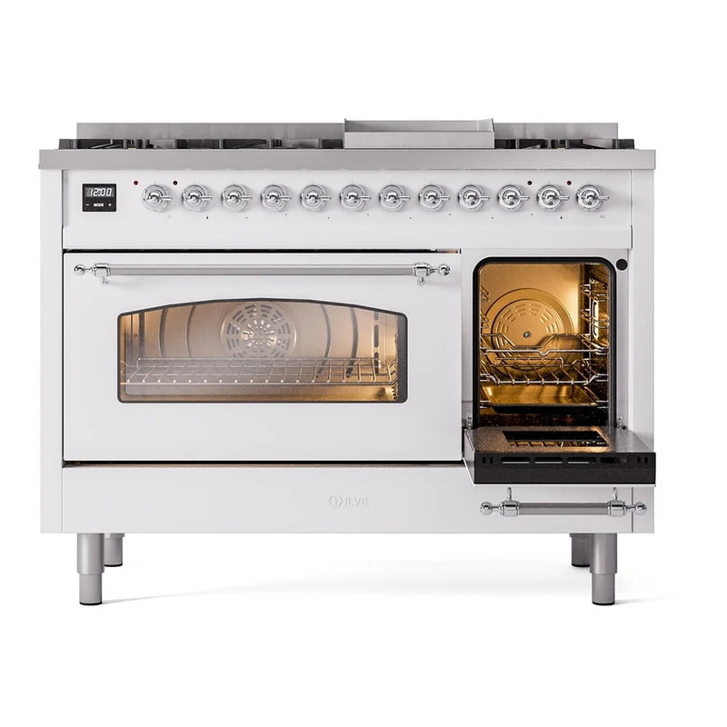 ILVE Nostalgie II 48" Dual Fuel Freestanding Range in White with Chrome Trim, UP48FNMPWHCLP