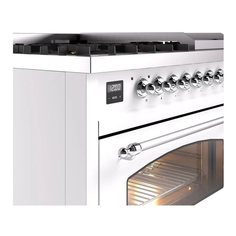 ILVE Nostalgie II 48" Dual Fuel Freestanding Range in White with Chrome Trim, UP48FNMPWHCLP