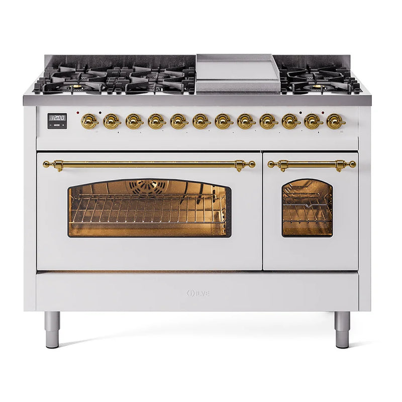 ILVE Nostalgie II 48" Dual Fuel Freestanding Range in White with Brass Trim, UP48FNMPWHGLP