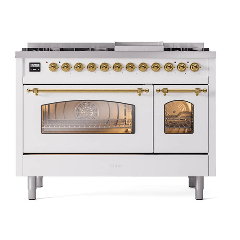 ILVE Nostalgie II 48" Dual Fuel Freestanding Range in White with Brass Trim, UP48FNMPWHGLP