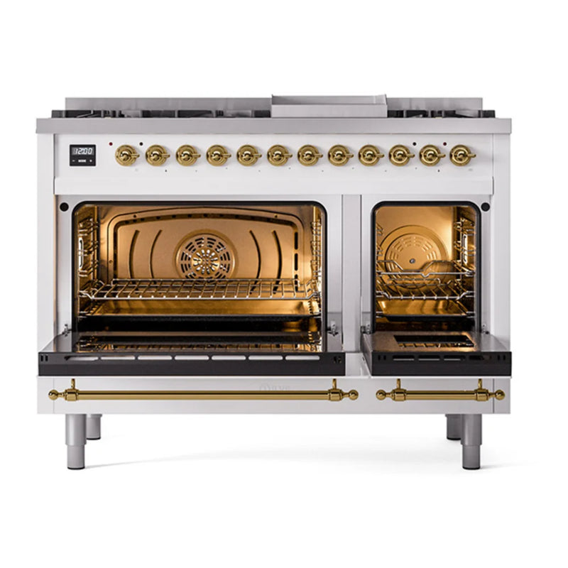 ILVE Nostalgie II 48" Dual Fuel Freestanding Range in White with Brass Trim, UP48FNMPWHGLP
