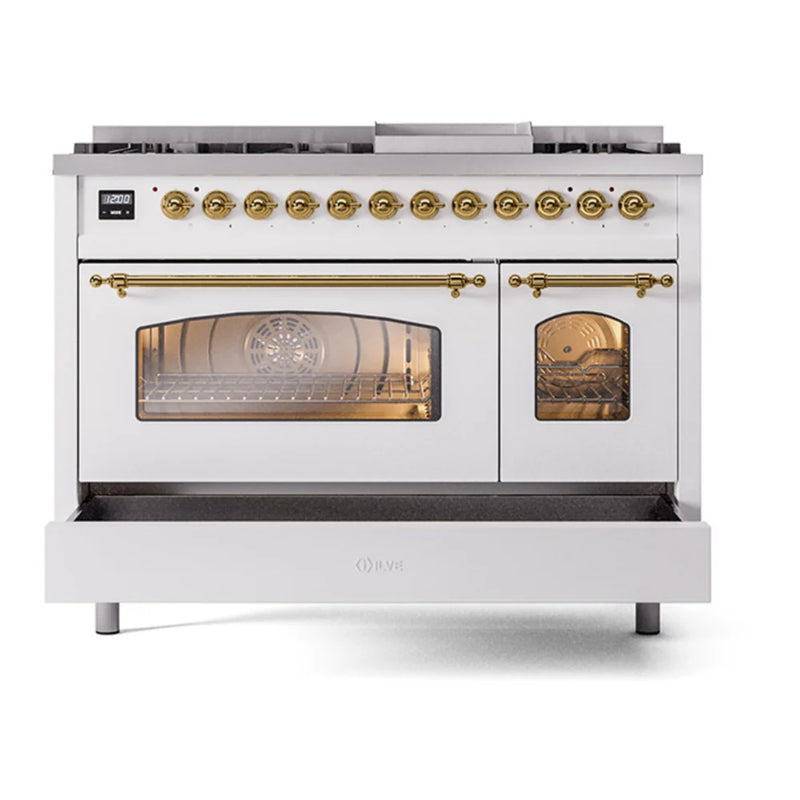 ILVE Nostalgie II 48" Dual Fuel Freestanding Range in White with Brass Trim, UP48FNMPWHGLP