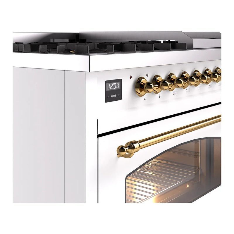 ILVE Nostalgie II 48" Dual Fuel Freestanding Range in White with Brass Trim, UP48FNMPWHGLP