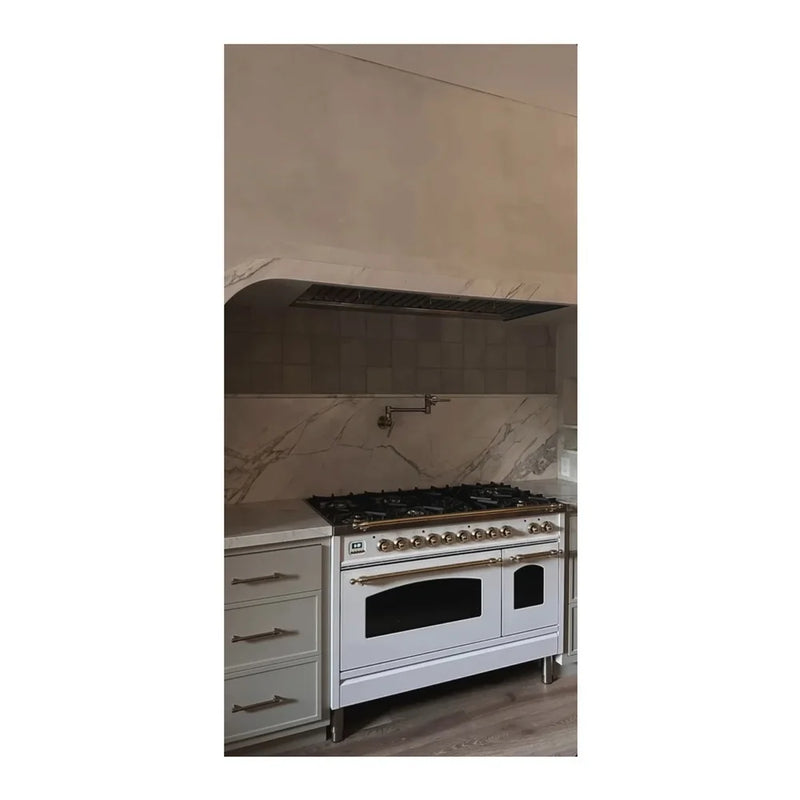 ILVE Nostalgie II 48" Dual Fuel Freestanding Range in White with Brass Trim, UP48FNMPWHG
