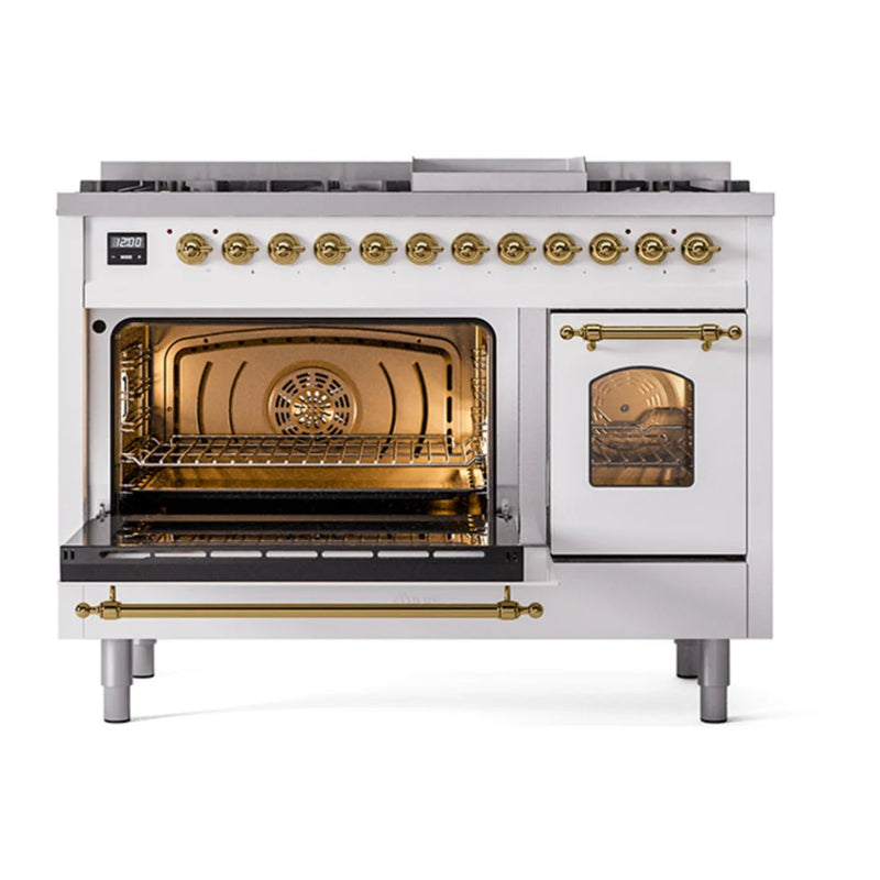 ILVE Nostalgie II 48" Dual Fuel Freestanding Range in White with Brass Trim, UP48FNMPWHG