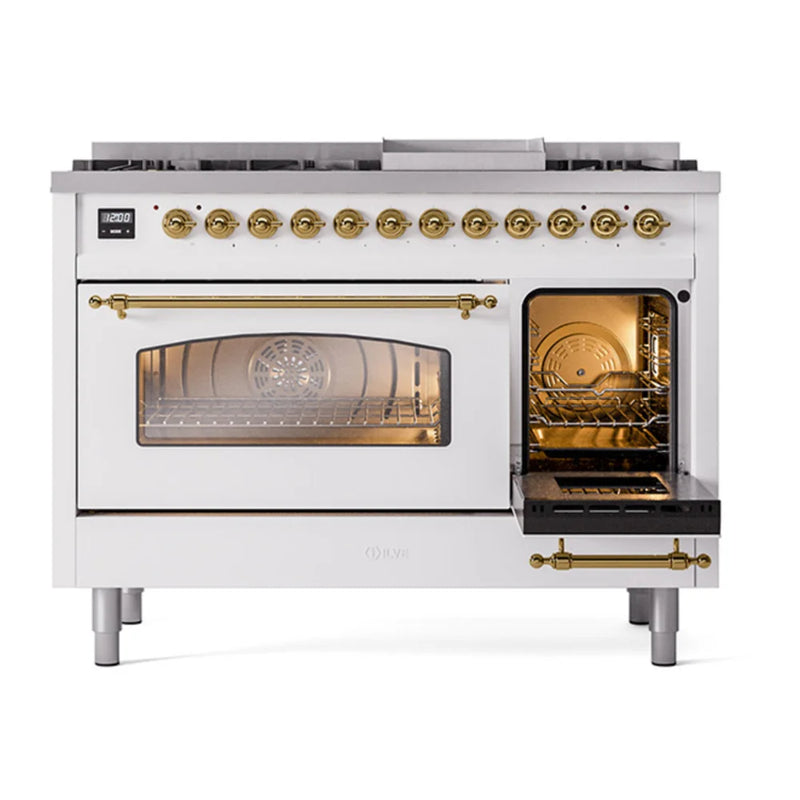 ILVE Nostalgie II 48" Dual Fuel Freestanding Range in White with Brass Trim, UP48FNMPWHG
