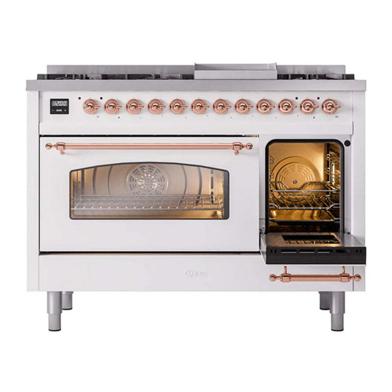 ILVE Nostalgie II 48" Dual Fuel Freestanding Range in White with Copper Trim, UP48FNMPWHPLP