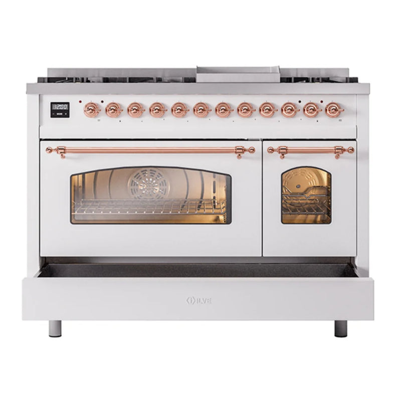 ILVE Nostalgie II 48" Dual Fuel Freestanding Range in White with Copper Trim, UP48FNMPWHPLP
