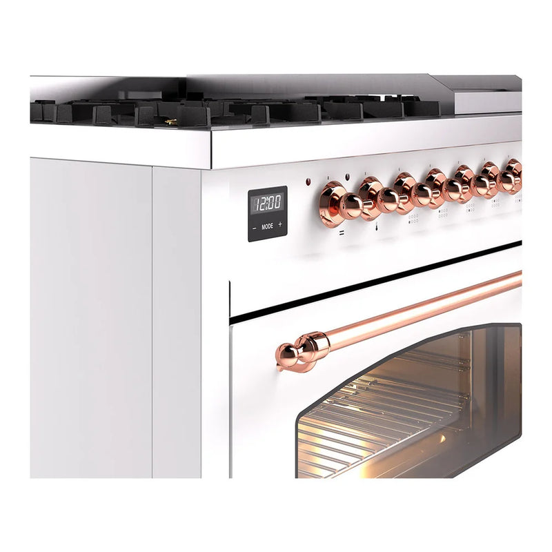ILVE Nostalgie II 48" Dual Fuel Freestanding Range in White with Copper Trim, UP48FNMPWHPLP