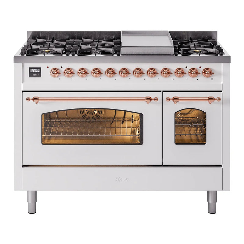 ILVE Nostalgie II 48" Dual Fuel Freestanding Range in White with Copper Trim, UP48FNMPWHP