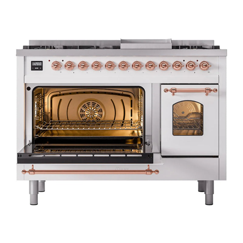 ILVE Nostalgie II 48" Dual Fuel Freestanding Range in White with Copper Trim, UP48FNMPWHP