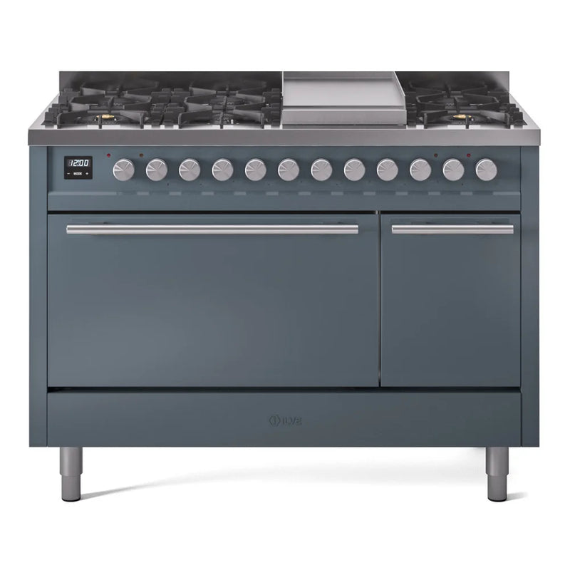 ILVE Professional Plus II 48" Dual Fuel Freestanding Range in Blue Grey with Stainless Steel Trim, UP48FQMPBGLP
