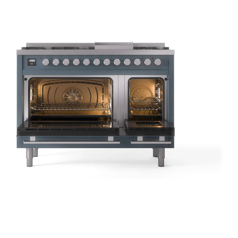 ILVE Professional Plus II 48" Dual Fuel Freestanding Range in Blue Grey with Stainless Steel Trim, UP48FQMPBGLP
