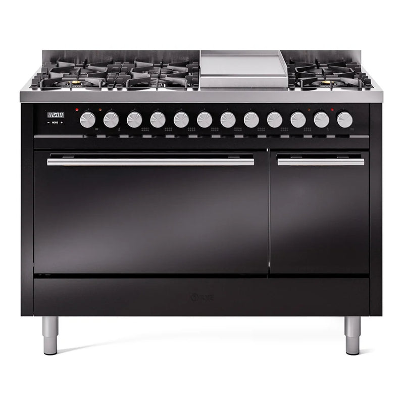 ILVE Professional Plus II 48" Dual Fuel Freestanding Range in Glossy Black with Stainless Steel Trim, UP48FQMPBKLP