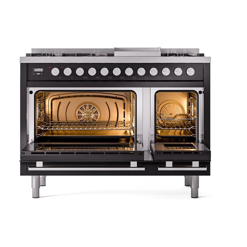 ILVE Professional Plus II 48" Dual Fuel Freestanding Range in Glossy Black with Stainless Steel Trim, UP48FQMPBKLP