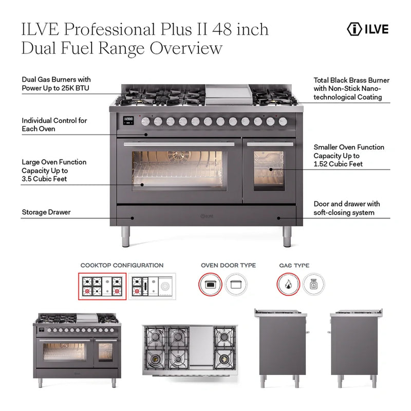 ILVE Professional Plus II 48" Dual Fuel Freestanding Range in Graphite Matte with Stainless Steel Trim, UP48FQMPMGLP