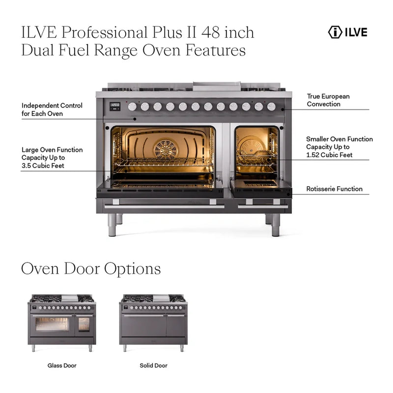 ILVE Professional Plus II 48" Dual Fuel Freestanding Range in Graphite Matte with Stainless Steel Trim, UP48FQMPMGLP