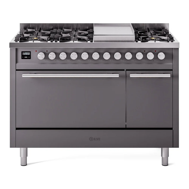 ILVE Professional Plus II 48" Dual Fuel Freestanding Range in Graphite Matte with Stainless Steel Trim, UP48FQMPMG