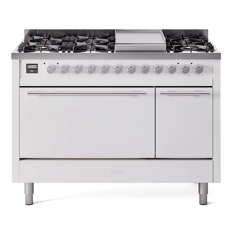 ILVE Professional Plus II 48" Dual Fuel Freestanding Range in White with Stainless Steel Trim, UP48FQMPWHLP