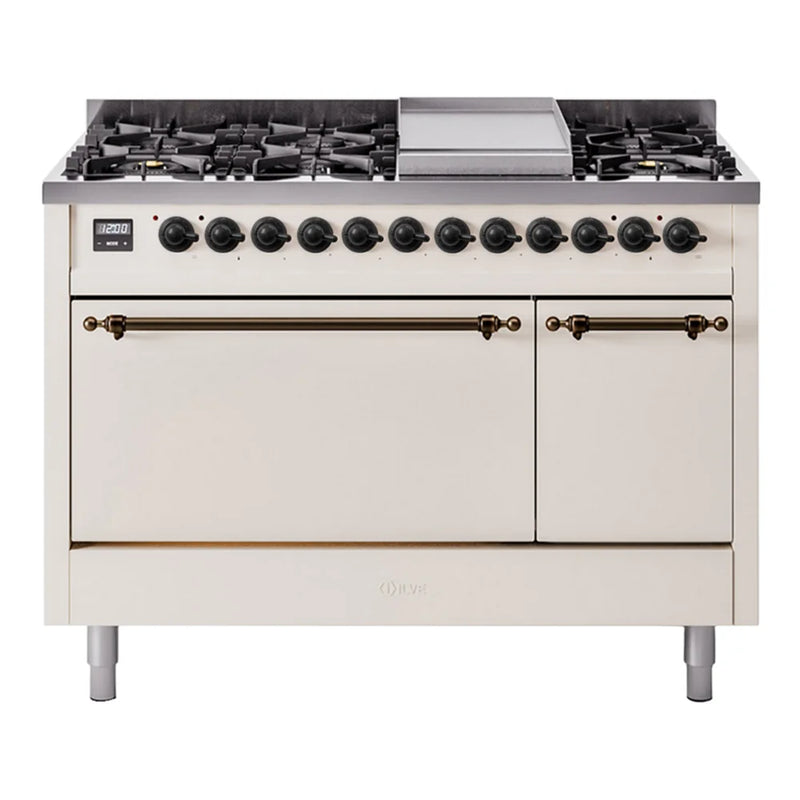 ILVE Nostalgie II 48" Dual Fuel Freestanding Range in Antique White with Burnished Trim, UP48FQNMPAWBLP