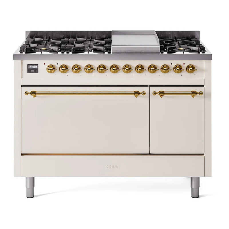 ILVE Nostalgie II 48" Dual Fuel Freestanding Range in Antique White with Brass Trim, UP48FQNMPAWGLP