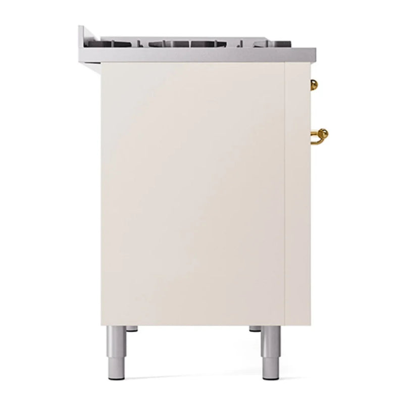 ILVE Nostalgie II 48" Dual Fuel Freestanding Range in Antique White with Brass Trim, UP48FQNMPAWG