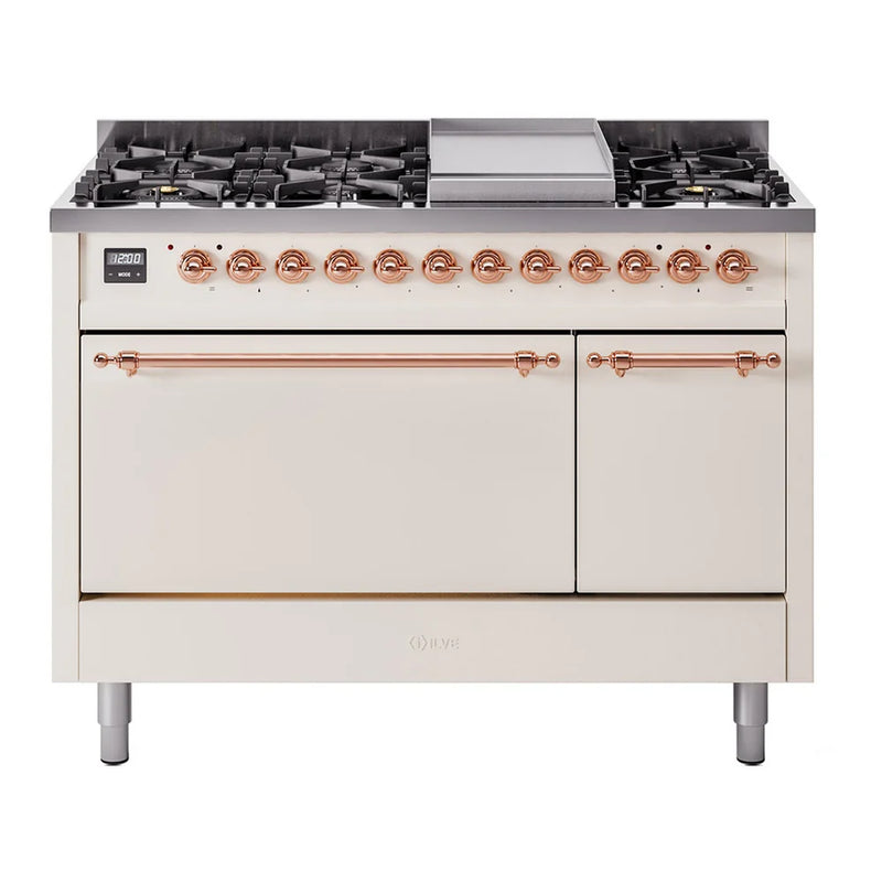 ILVE Nostalgie II 48" Dual Fuel Freestanding Range in Antique White with Copper Trim, UP48FQNMPAWP