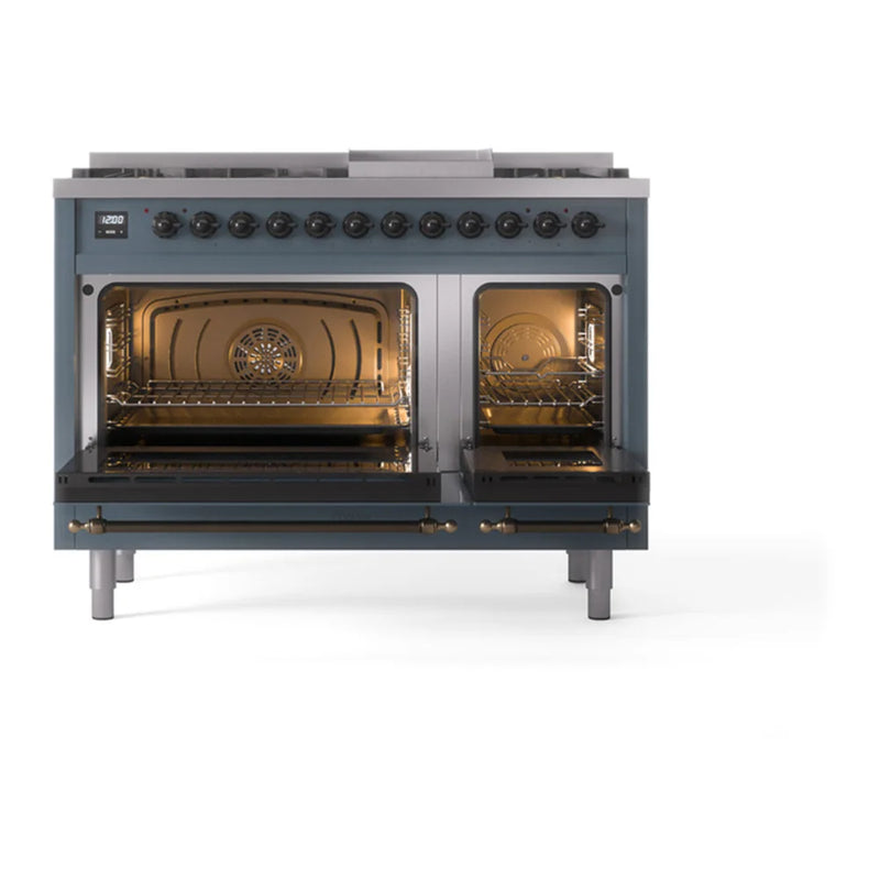 ILVE Nostalgie II 48" Dual Fuel Freestanding Range in Blue Grey with Burnished Trim, UP48FQNMPBGBLP