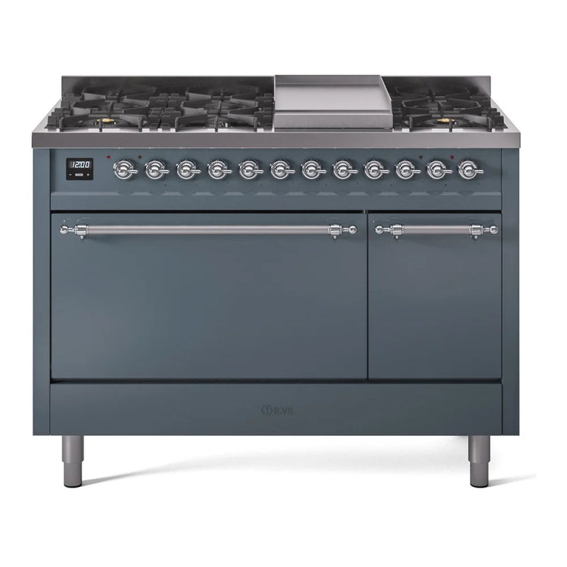 ILVE Nostalgie II 48" Dual Fuel Freestanding Range in Blue Grey with Chrome Trim, UP48FQNMPBGC