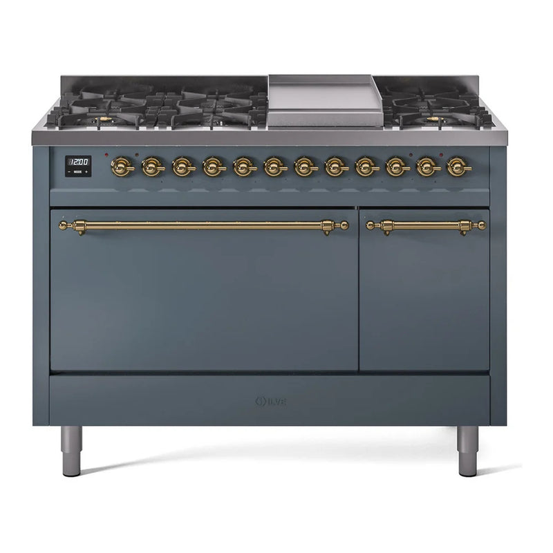 ILVE Nostalgie II 48" Dual Fuel Freestanding Range in Blue Grey with Brass Trim, UP48FQNMPBGGLP