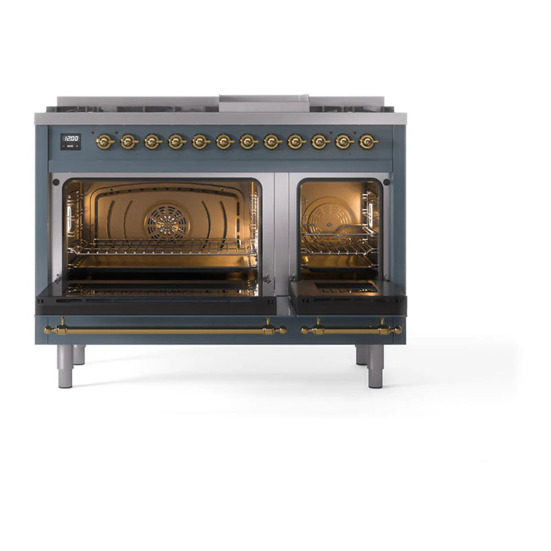 ILVE Nostalgie II 48" Dual Fuel Freestanding Range in Blue Grey with Brass Trim, UP48FQNMPBGG