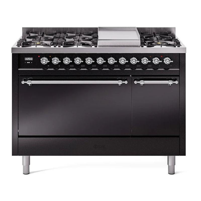 ILVE Nostalgie II 48" Dual Fuel Freestanding Range in Glossy Black with Chrome Trim, UP48FQNMPBKCLP