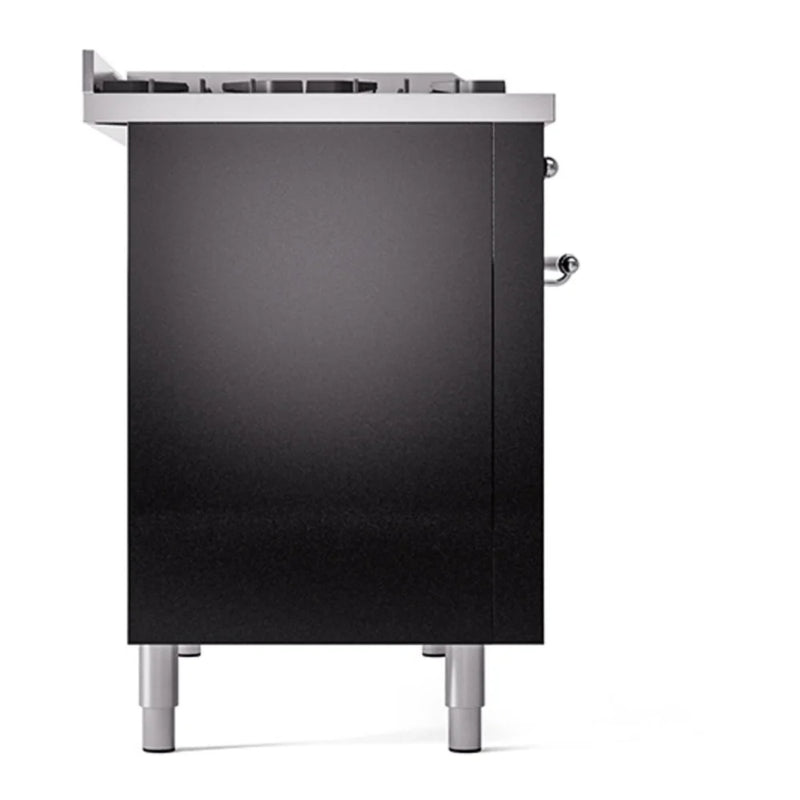 ILVE Nostalgie II 48" Dual Fuel Freestanding Range in Glossy Black with Chrome Trim, UP48FQNMPBKC