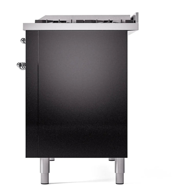 ILVE Nostalgie II 48" Dual Fuel Freestanding Range in Glossy Black with Chrome Trim, UP48FQNMPBKC