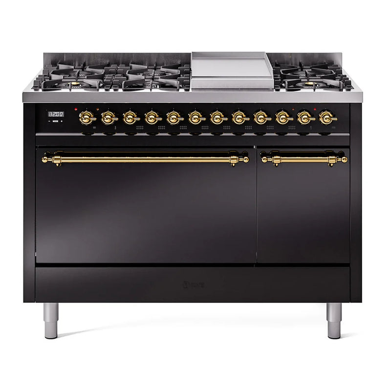 ILVE Nostalgie II 48" Dual Fuel Freestanding Range in Glossy Black with Brass Trim, UP48FQNMPBKGLP