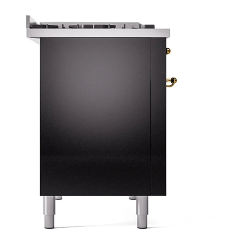 ILVE Nostalgie II 48" Dual Fuel Freestanding Range in Glossy Black with Brass Trim, UP48FQNMPBKGLP