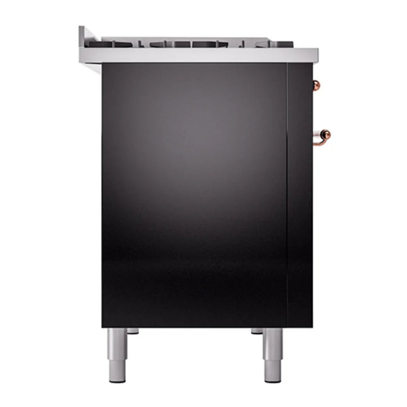 ILVE Nostalgie II 48" Dual Fuel Freestanding Range in Glossy Black with Copper Trim, UP48FQNMPBKPLP