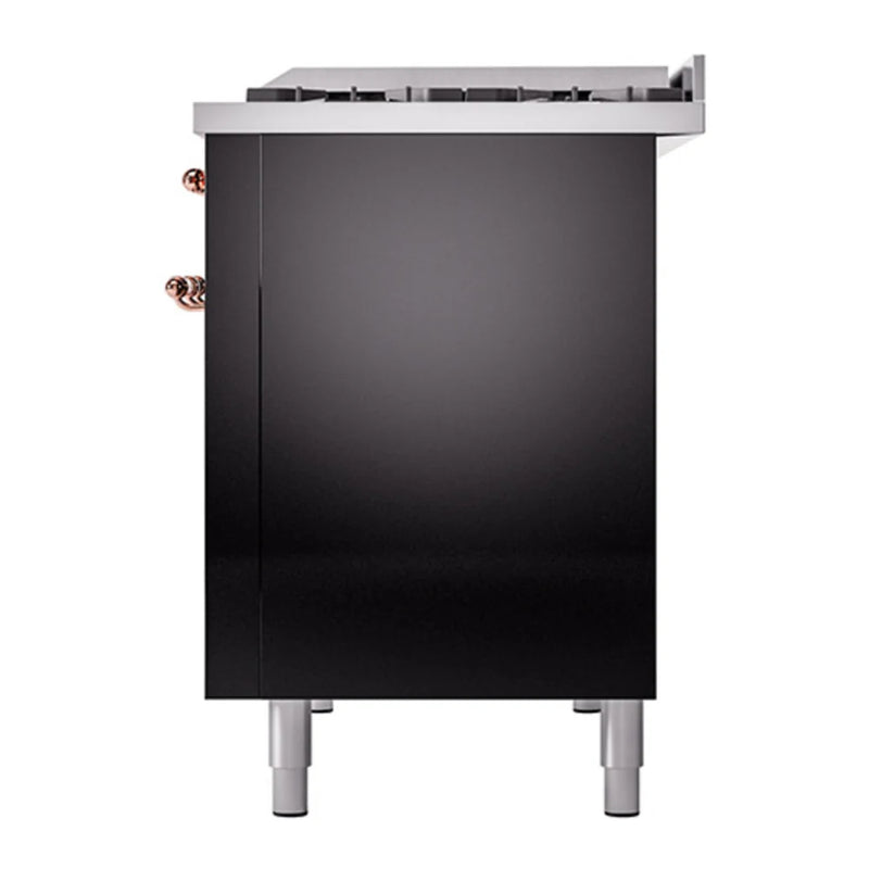 ILVE Nostalgie II 48" Dual Fuel Freestanding Range in Glossy Black with Copper Trim, UP48FQNMPBKPLP
