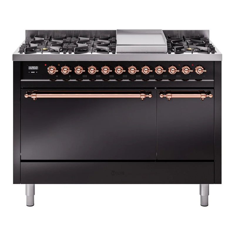 ILVE Nostalgie II 48" Dual Fuel Freestanding Range in Glossy Black with Copper Trim, UP48FQNMPBKP
